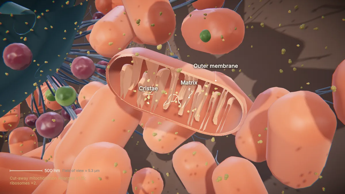Labeled 3D model of an animal cell (mitochondria): outer membrane, cristae, matrix