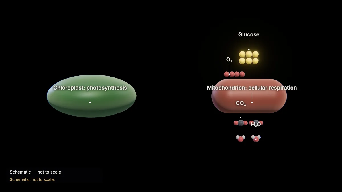 Labeled 3D model: photosynthesis and respiration
