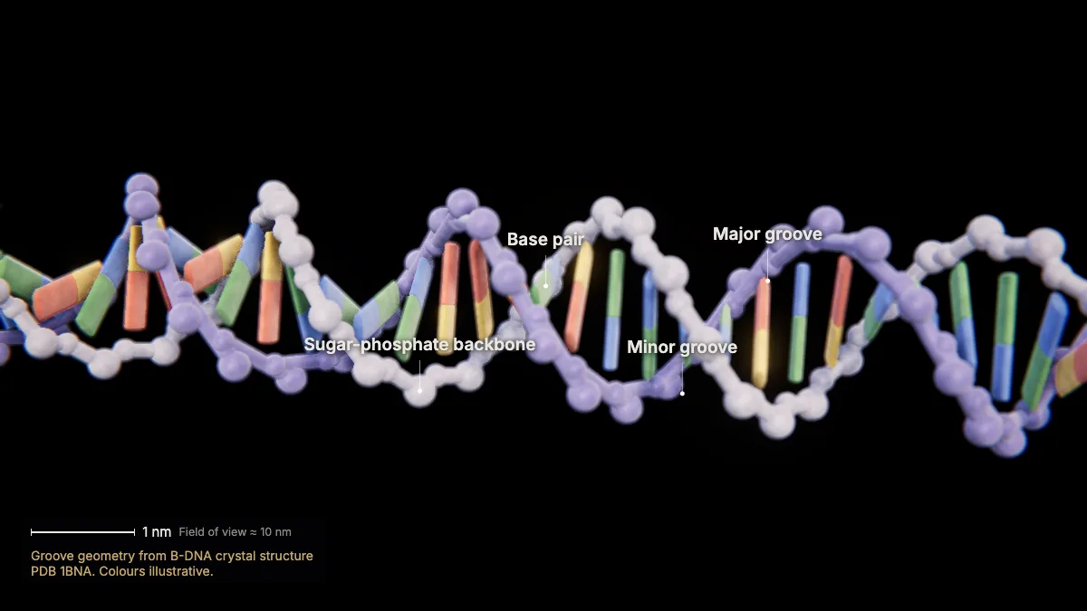 Labeled 3D model, transcription (the double helix): sugar-phosphate backbone, base pair, major groove, minor groove